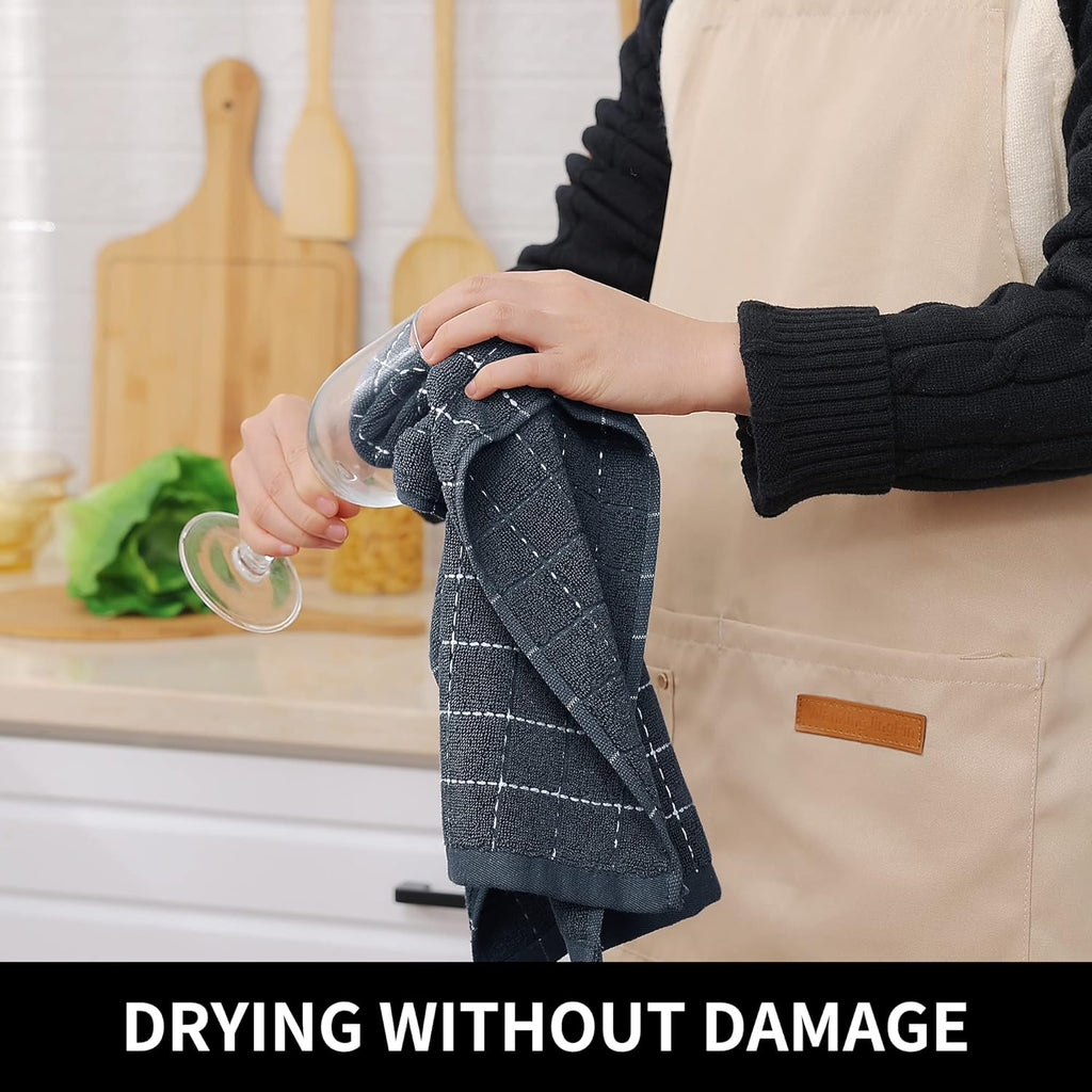 Homaxy 100% Cotton Terry Kitchen Towels(Dark Grey, 13 x 28 inches), Checkered Designed, Soft and