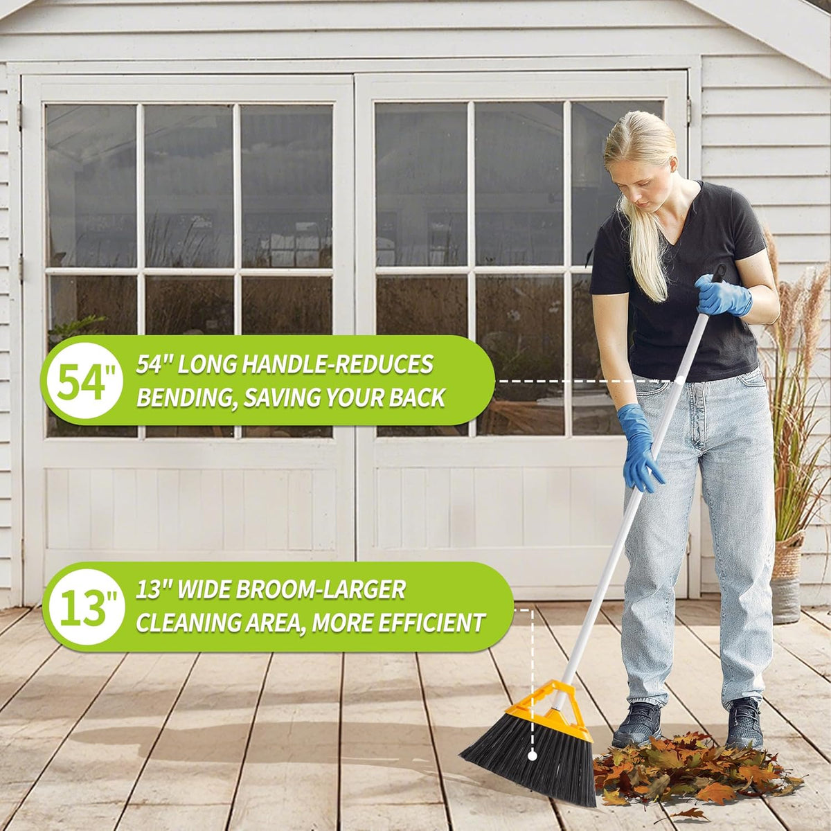 Outdoor Broom with 54'' Long Handle, Heavy Duty Broom for Sweeping Patio, Garden, Lobby, Sidewalks