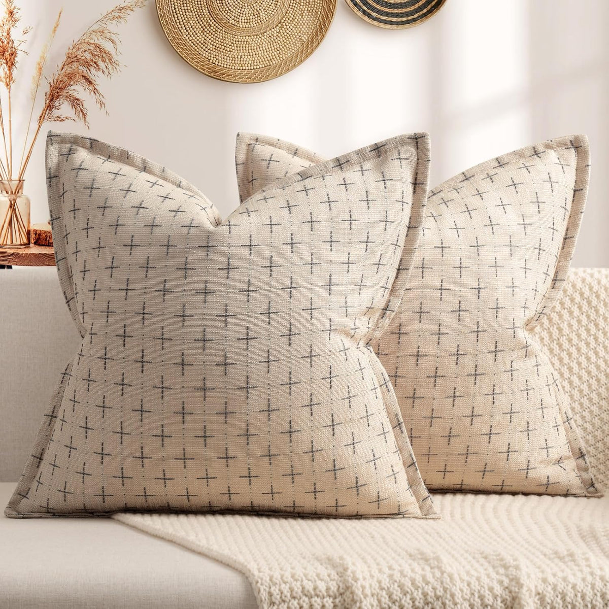 ZWJD Pillow Covers 16x16 Set of 2 Soft Polyester Textured Pillow Covers with Stylish Flange Edge