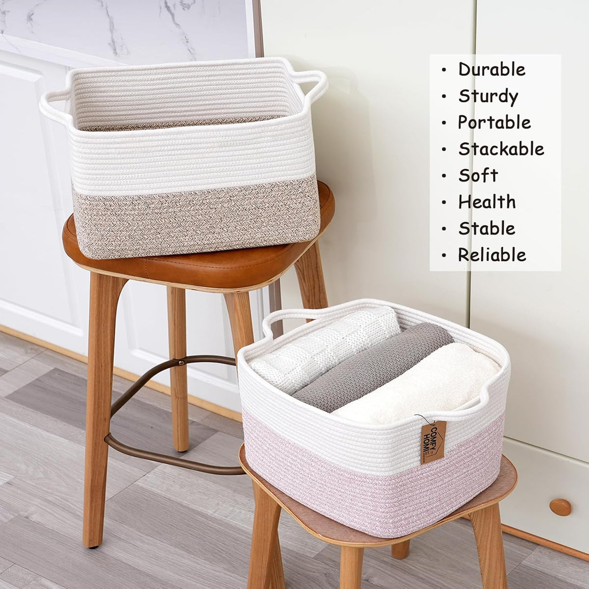 COMFY-HOMI 3-Pack Cotton Rope Woven Basket with Handles for Shelves, Books, Toys, Cloth