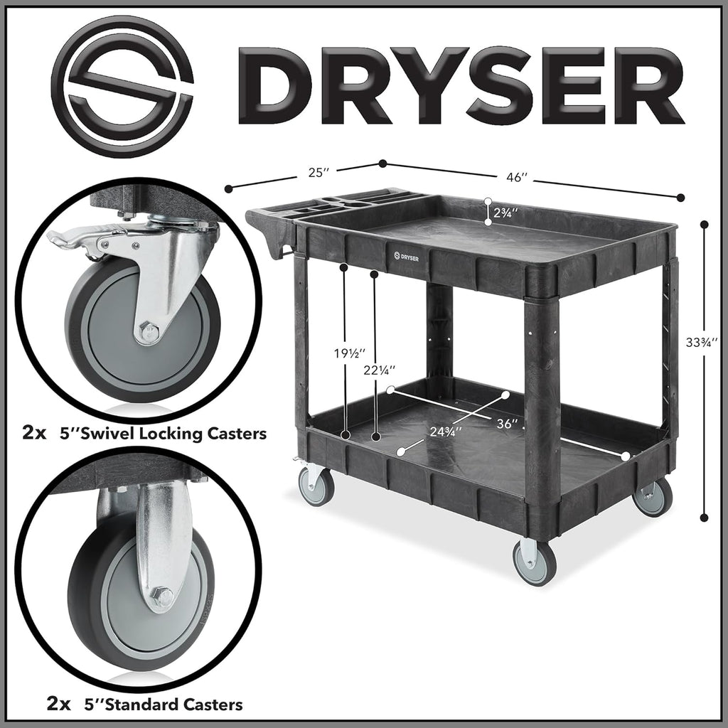 Dryser Utility Cart with Wheels, 46" x 25" Heavy Duty 550 lb. Capacity with Shelves - 2 Tier
