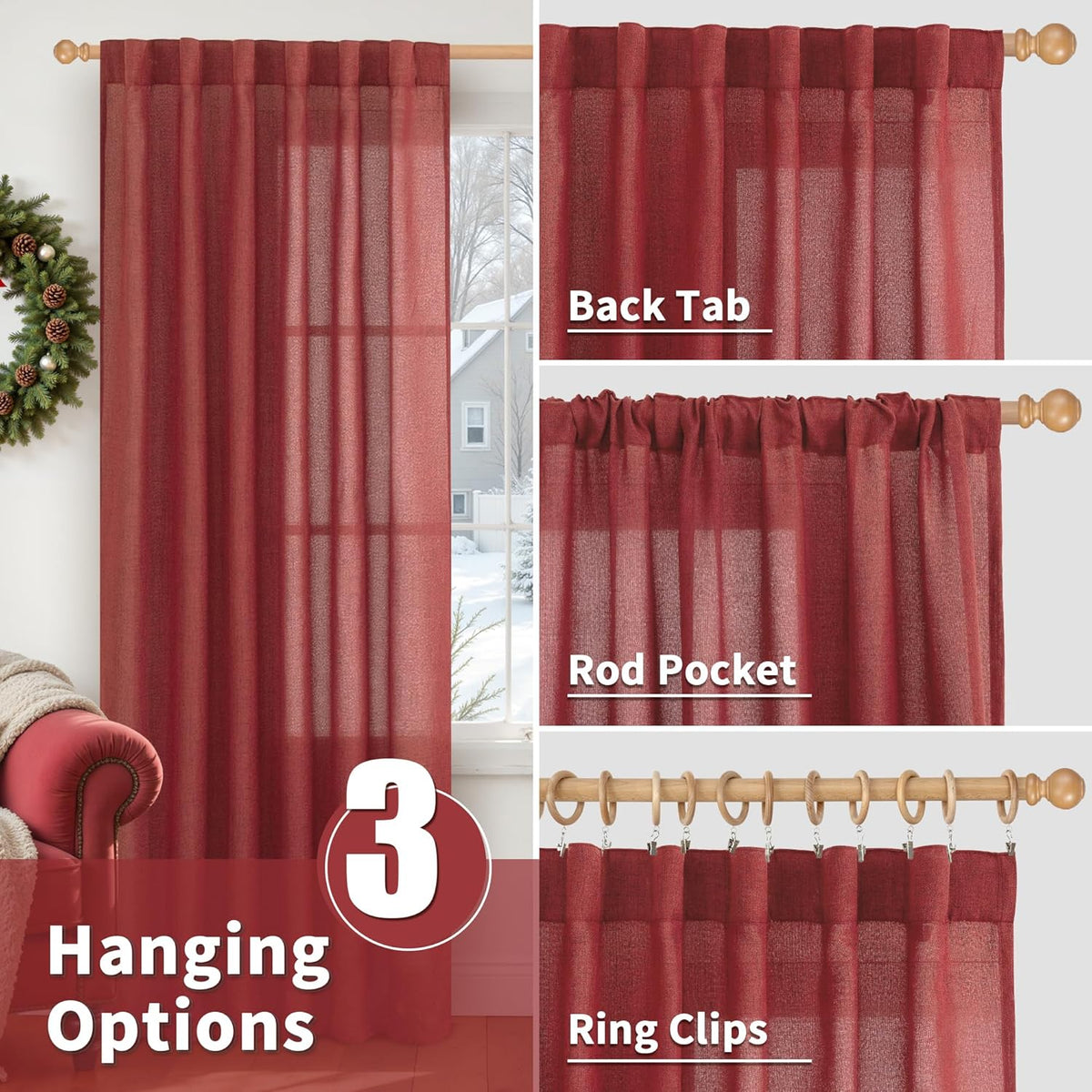 YoungsTex Red Linen Curtains 45 Inch Length for Kitchen, Short Window Drapes with Rod Pocket Back