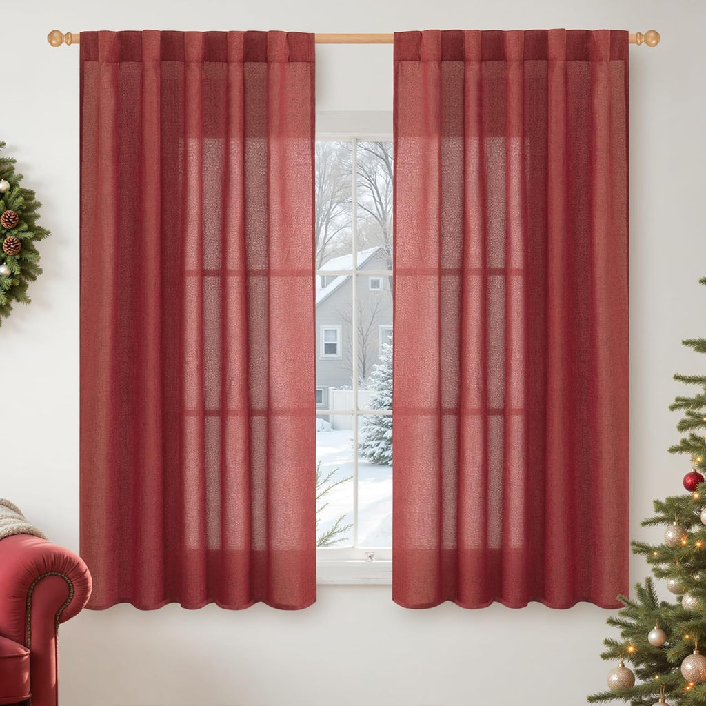 YoungsTex Red Linen Curtains 45 Inch Length for Kitchen, Short Window Drapes with Rod Pocket Back