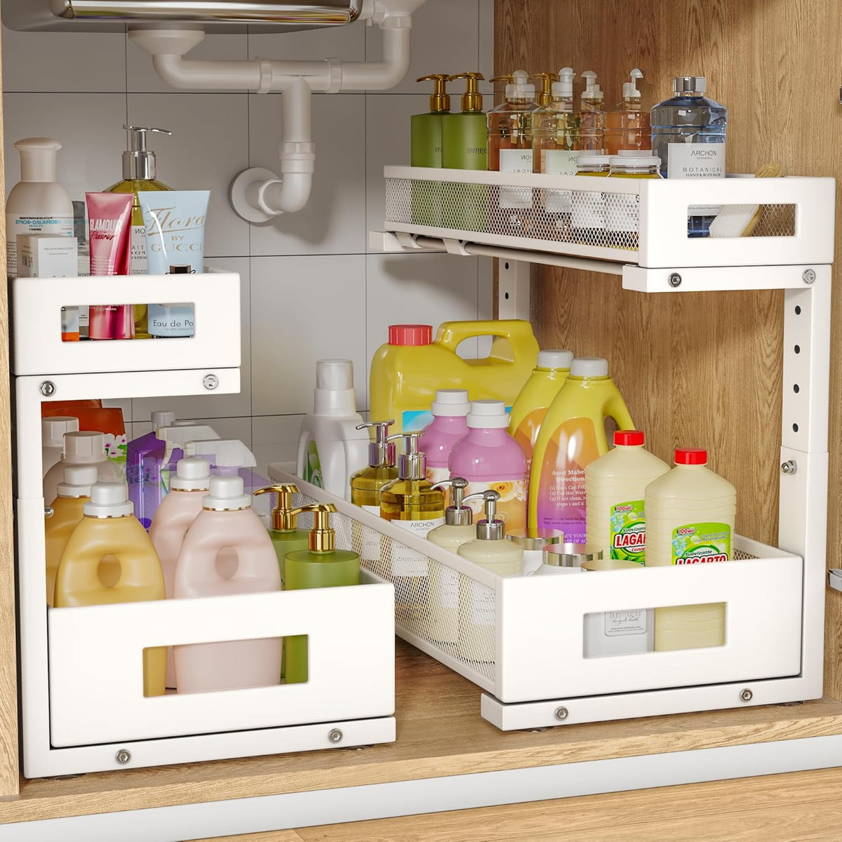 2 Pack 19IN Depth Under Sink Storage Organizer, Large 2-Tier Elegant Mesh Pull Out Shelf for