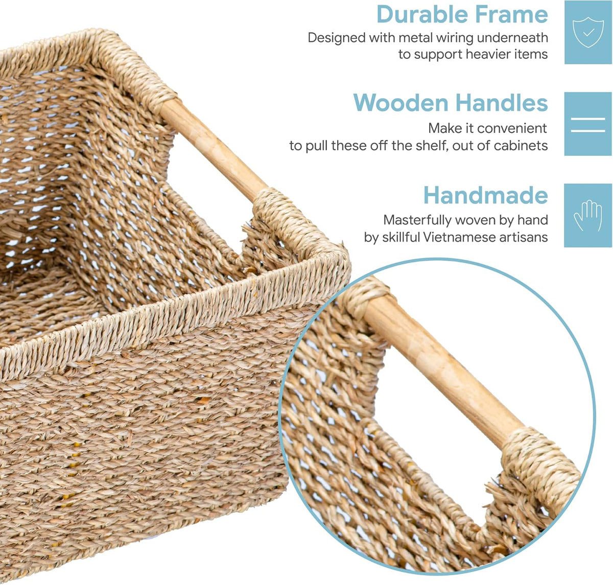 Large Wicker Storage Basket with Wooden Handles, Seagrass Basket for Shelves, Natural Wicker Bin