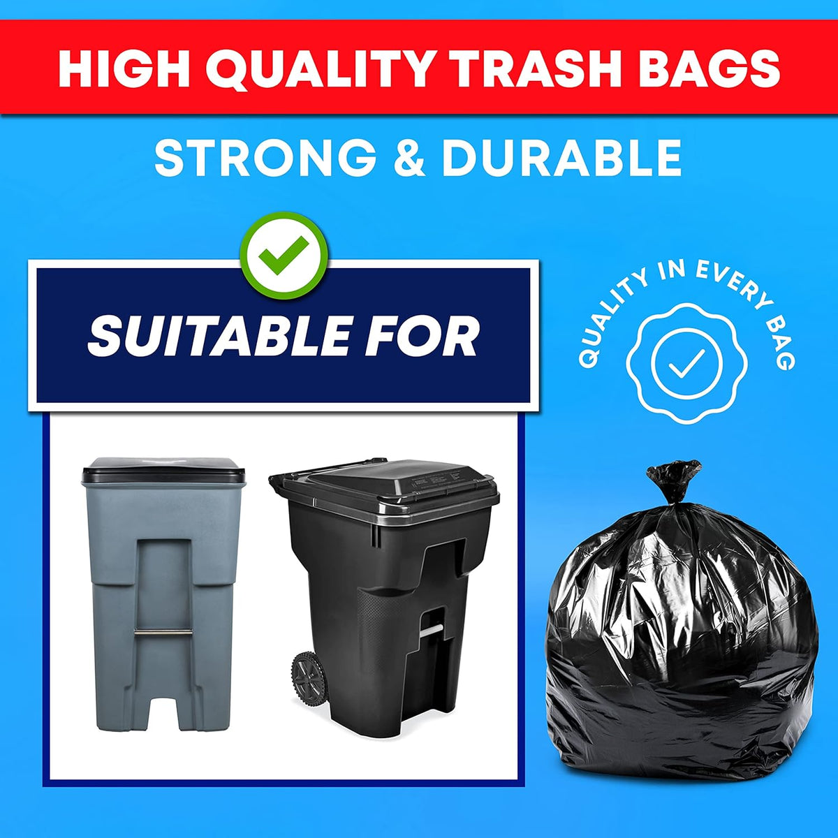Veska 95-96 Gallon Trash Bags Heavy Duty, (ValuePack 25 Bags w/Ties) 100 Gallon Extra Large Trash