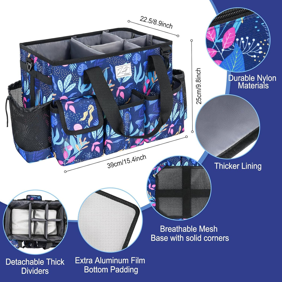 Cleaning Organizer, Large Caddy Bag for Supplies, Housekeeper's Bag with Handle (Blue Leaf)