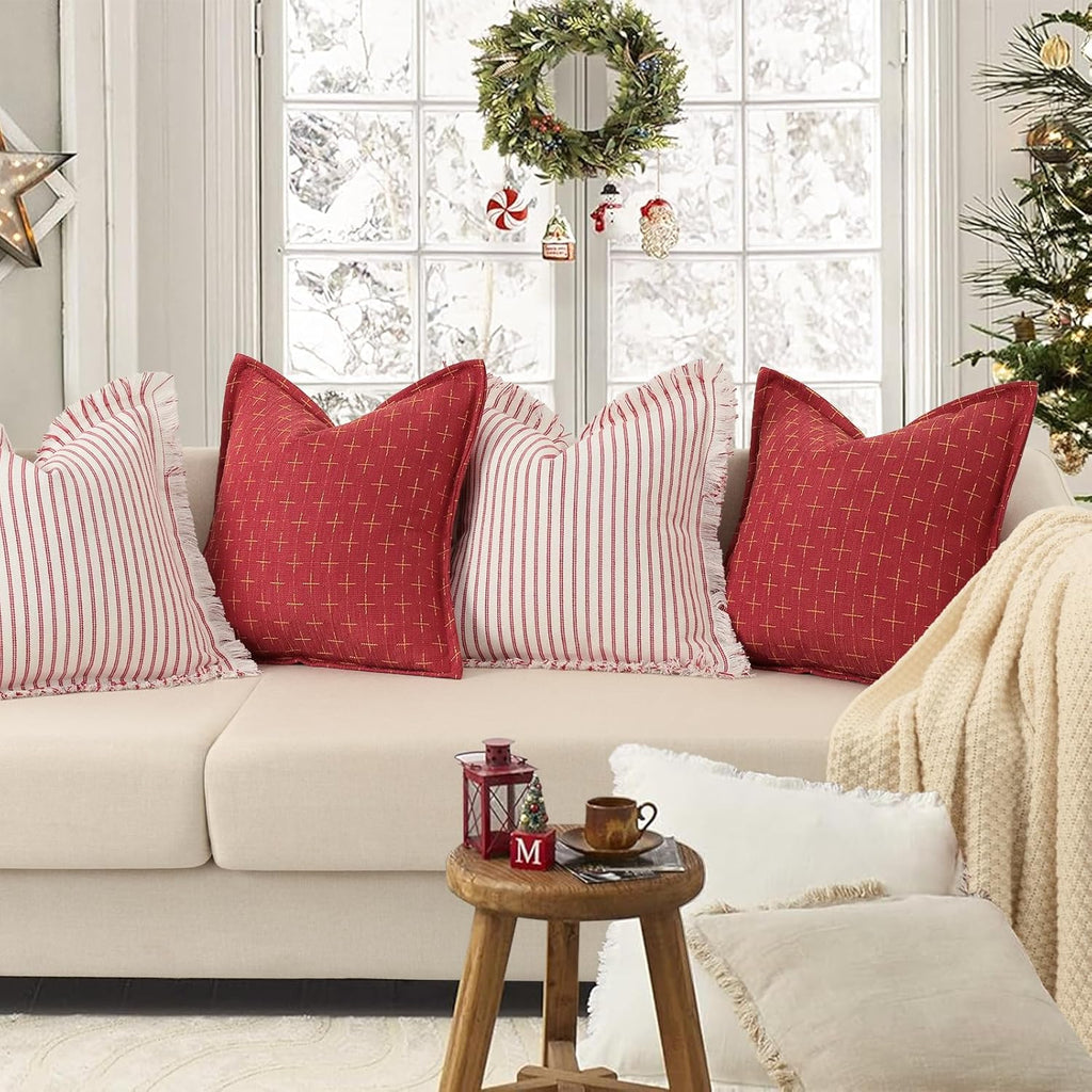 ZWJD Christmas Pillow Covers 26x26 Set of 2 Soft Polyester Textured Red Pillows with Stylish Flange