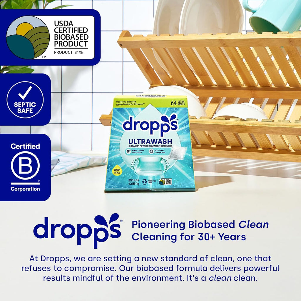 Dropps UltraWash Dishwasher Pods, Unscented (32 Count) - Biobased Power Deep Clean Dishwasher