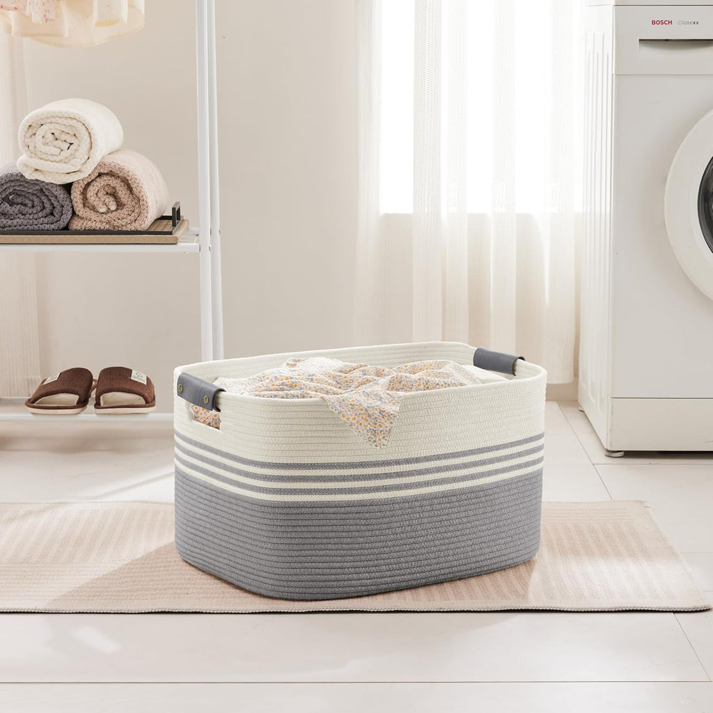 72L Large Laundry Basket with Leather Handles for Living Room Storage, Woven Rope Baskets Bin for
