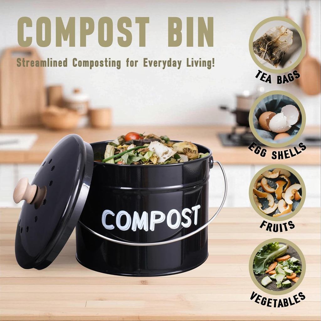 Compost Bin for Kitchen Counter, 1 Gallon Compost Bucket with Lid and Charcoal Filter, Countertop