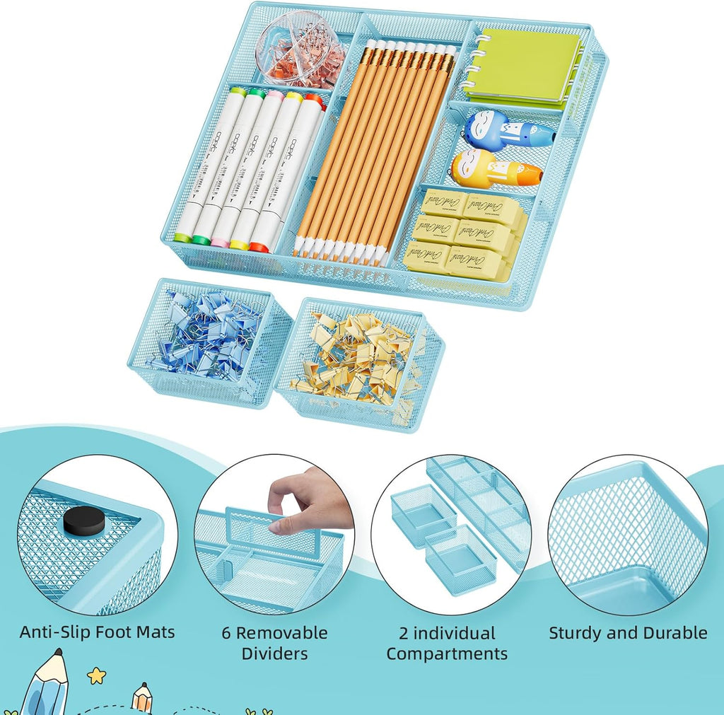 Marbrasse 3 Packs Desk Drawer Organizers, Metal Mesh Dividers with 9 Adjustable Compartments, Pen