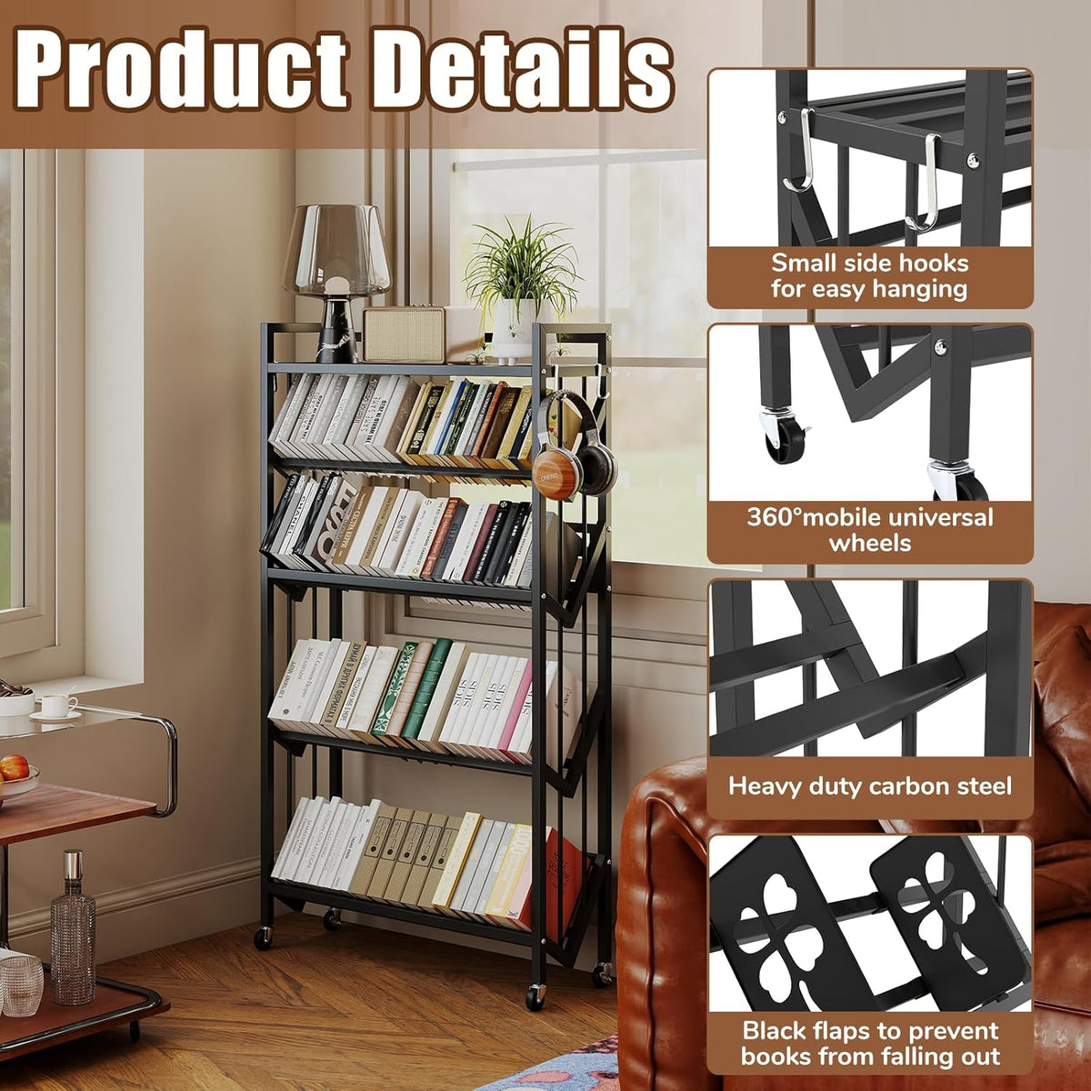 Book Carts 5 Tier 57.7x35.4x9.84 in Rolling Book Cart Large Capacity Bookshelf Storage Rack Mobile