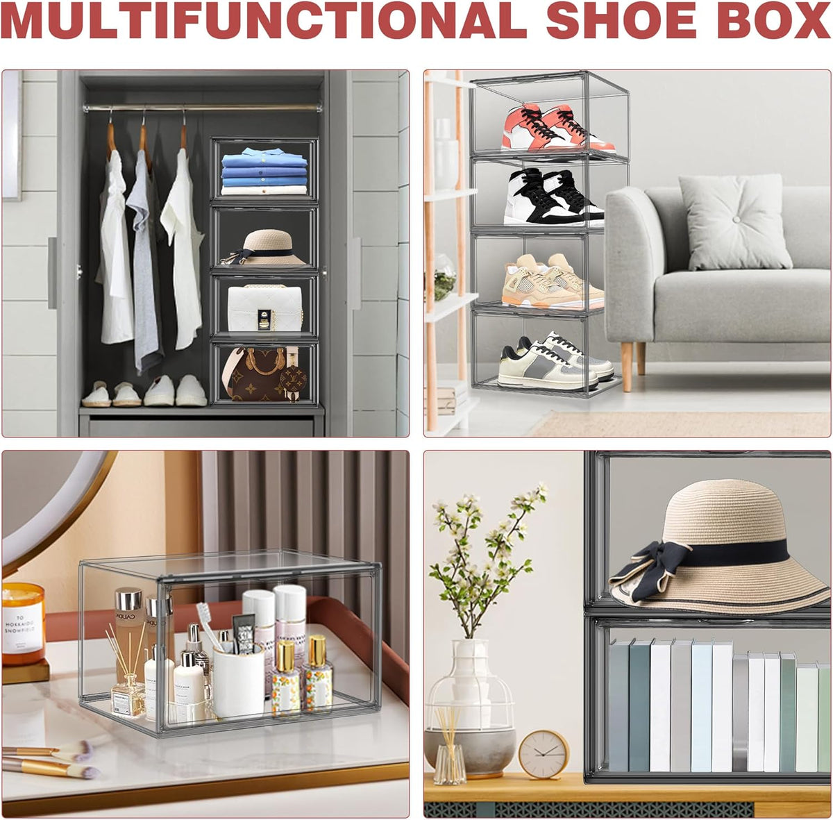 4 Pack Grey Shoe Storage Boxes Clear Plastic Stackable Shoe Display Case with Magnetic Door, Easy