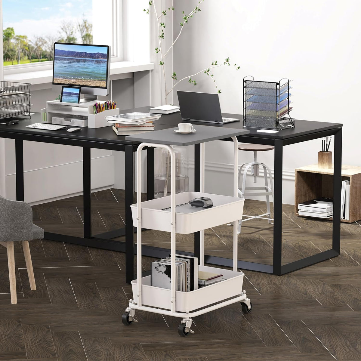 Simple Houseware 2-Tier Rolling Utility Cart with Lockable Wheels and Wood Top, Metal Storage