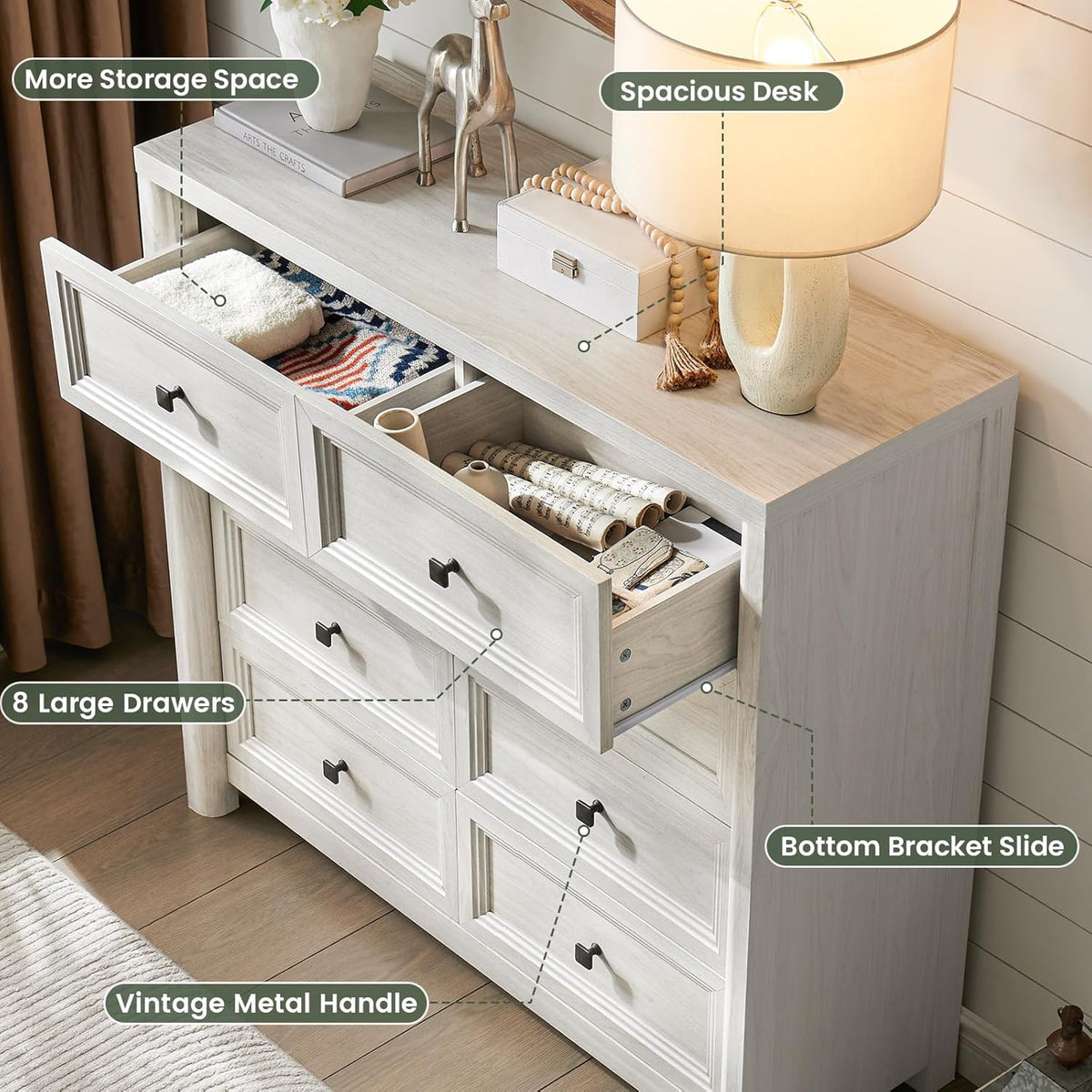 41" Tall White Dresser, Farmhouse 8 Drawers Dressers for Bedroom, Vertical Chest of Drawers for