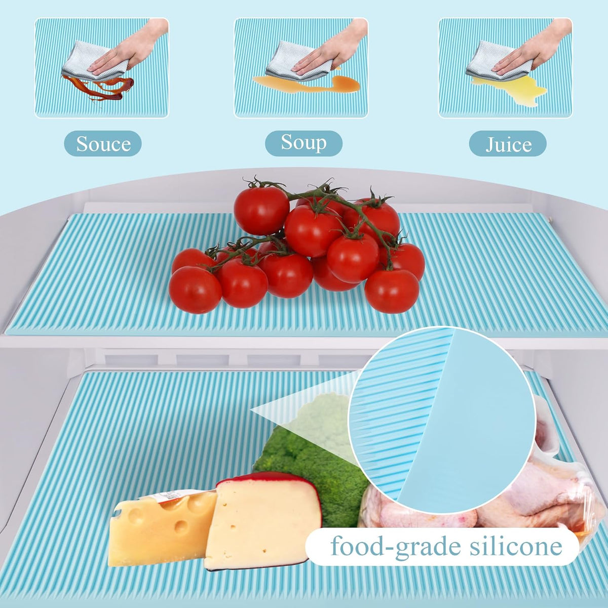 Non-Slip Silicone Refrigerator Liners for Shelves, Reusable Washable Fridge Shelf Drawer Liners
