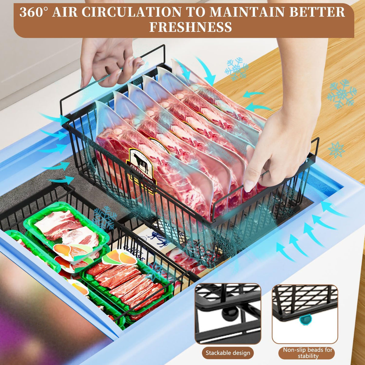 Large Freezer Organizer Bins，Upgraded Bottom Leak-Proof net，Fit 10 to 20 Cu Ft Chest Freezer，2