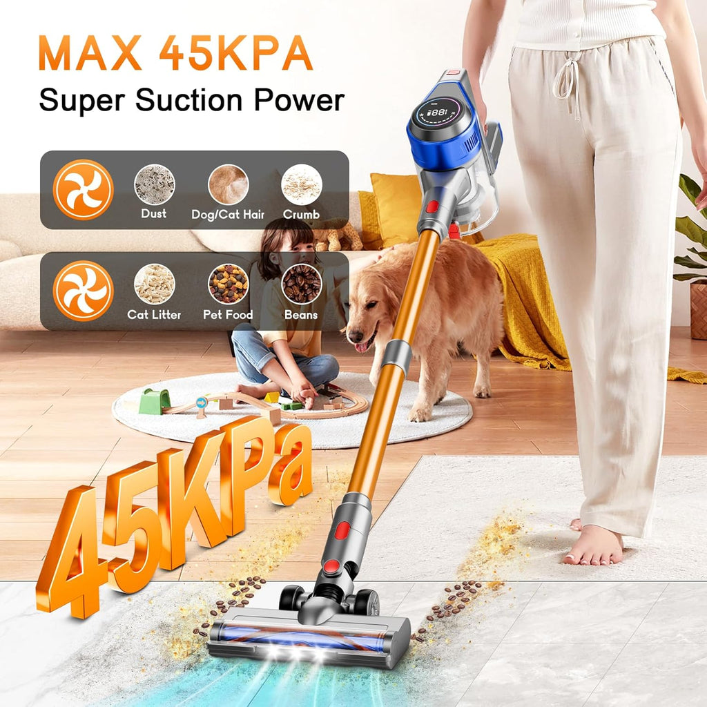 Cordless Vacuum Cleaner, 45Kpa Vacuum Cleaner for Home, 45Mins Stick Vacuums with Battery Display