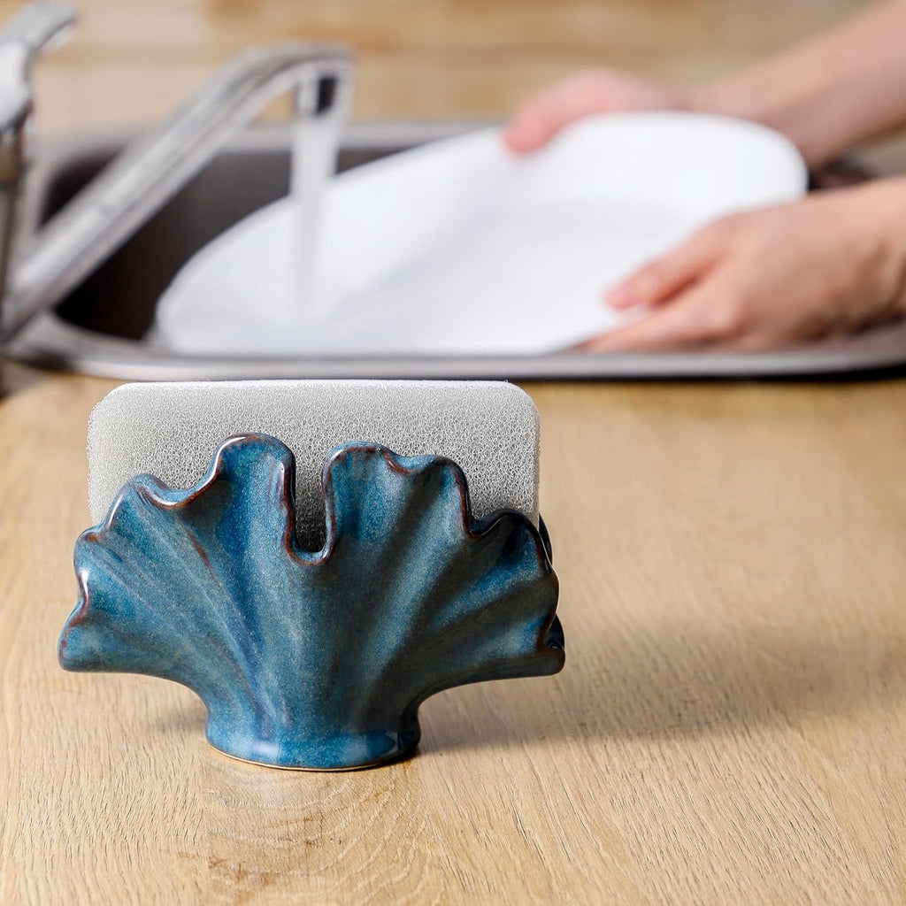 Ceramic Sponge Holder,Sponge Holder for Kitchen Sink,Compact Sink Caddy Organizer-Scouring Pad and