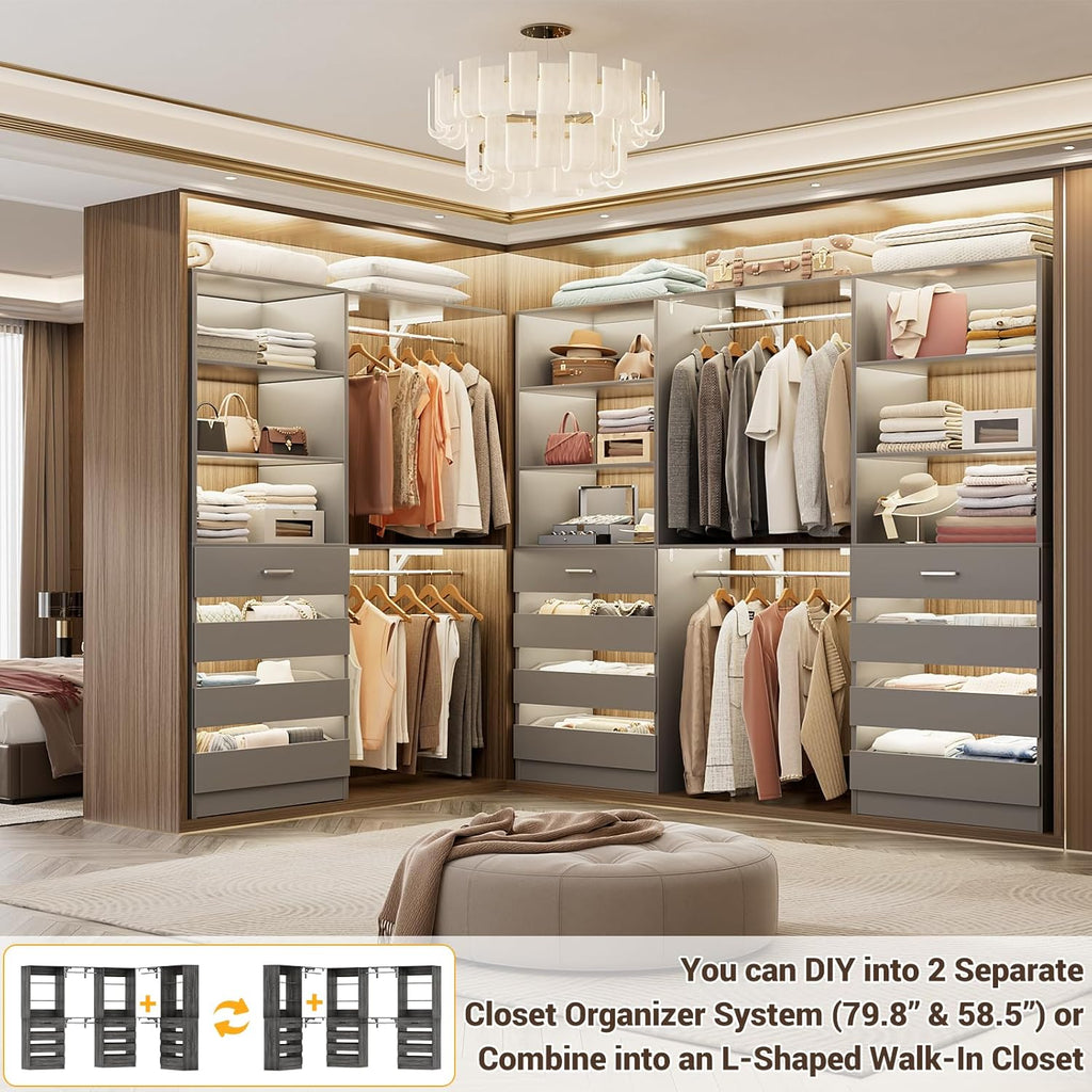 Aheaplus Closet System Set of 3, 138.5" Wood Closet Organizer System Tower with 12 Drawers & 4