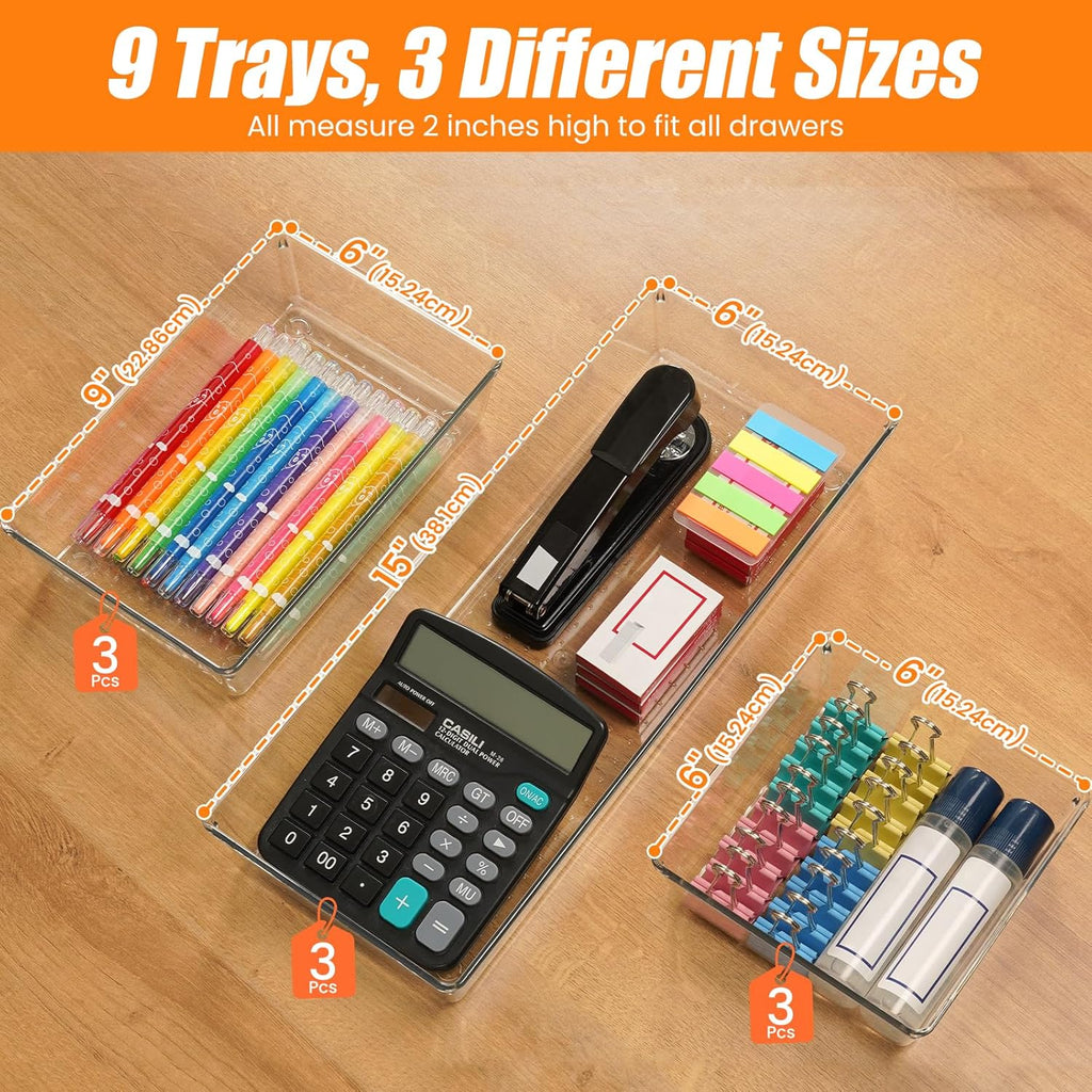 9 Pack Clear Plastic Drawer Organizer Set, Acrylic Non Slip Non Cracking Kitchen Drawer Storage
