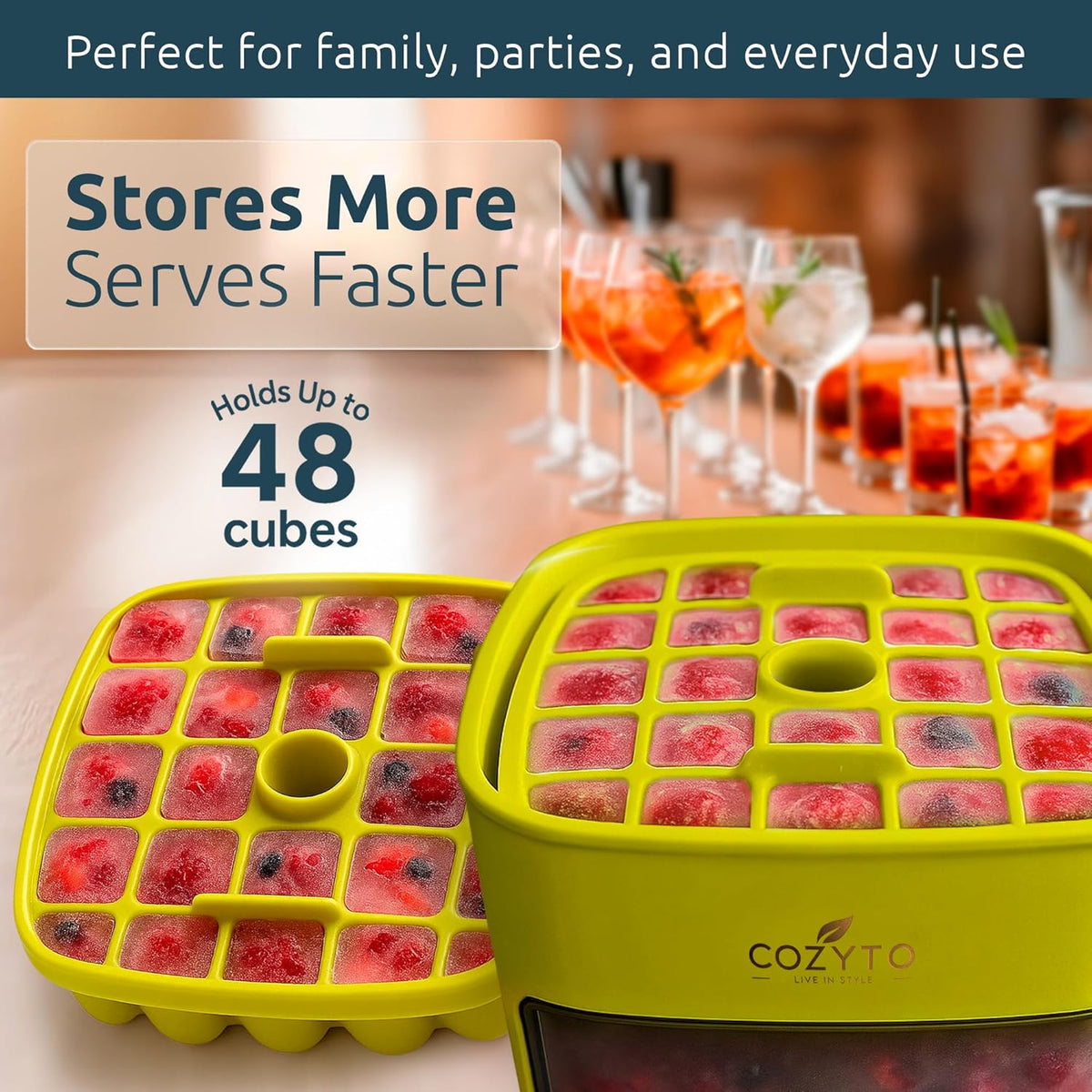 COZYTO CubeGo Ice Cube Tray with Lid and Storage Bin – One-Press Release, 48 Mini Ice Cubes