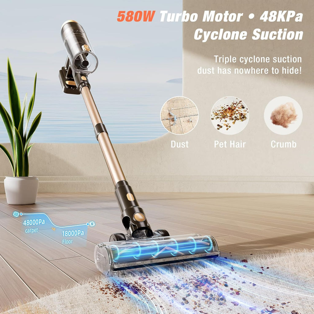Cordless Vacuum Cleaner, 580W 48KPA 70 Mins Vacuum Cleaners for Home, Self-Standing Stick Vacuum