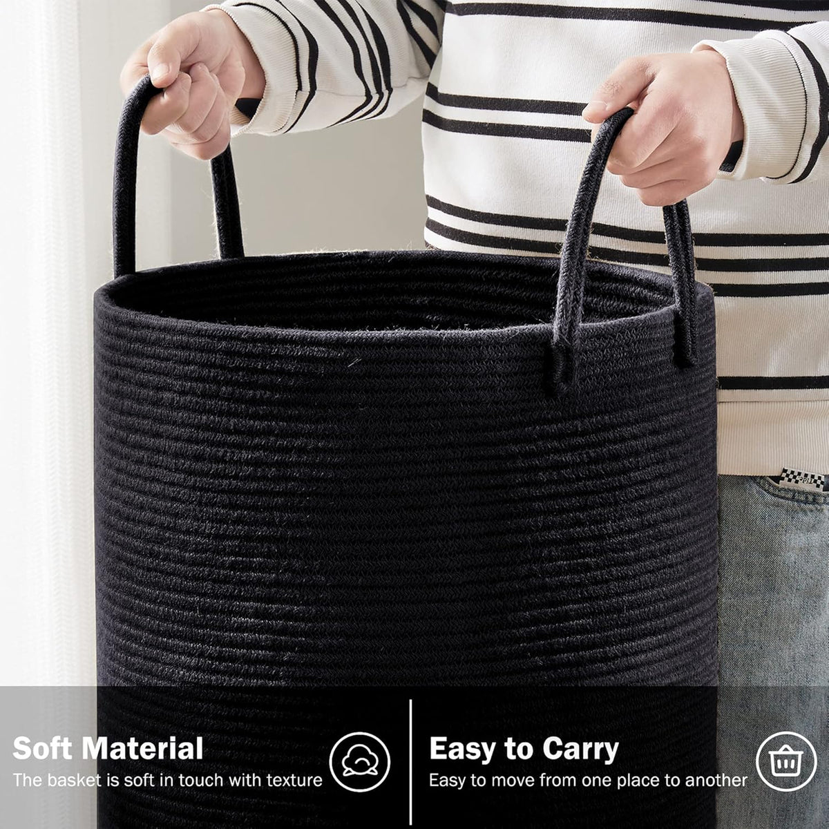 YOUDENOVA Woven Rope Laundry Hamper Basket, 58L Tall Laundry Basket, Baby Nursery Hamper for