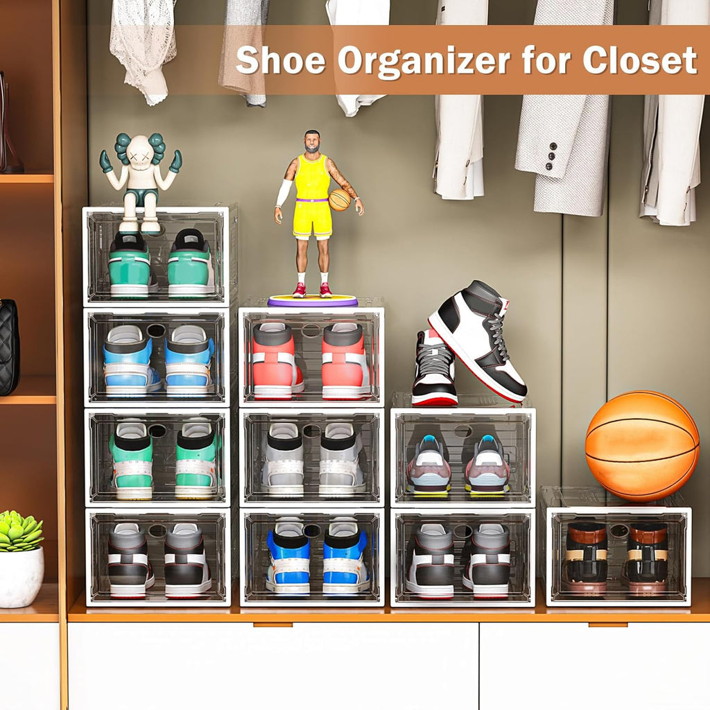 6 Pack Thicken Shoe Organizer Stackable,Upgraded Sturdy Shoe Storage Box with Magnetic Door,Shoe