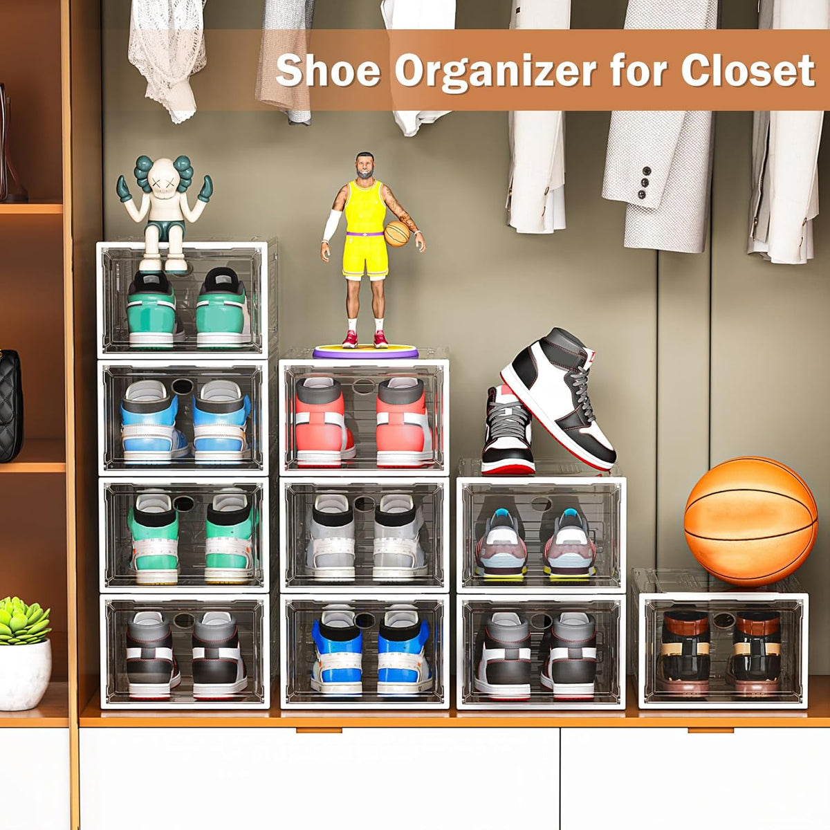 6 Pack Thicken Shoe Organizer Stackable,Upgraded Sturdy Shoe Storage Box with Magnetic Door,Shoe
