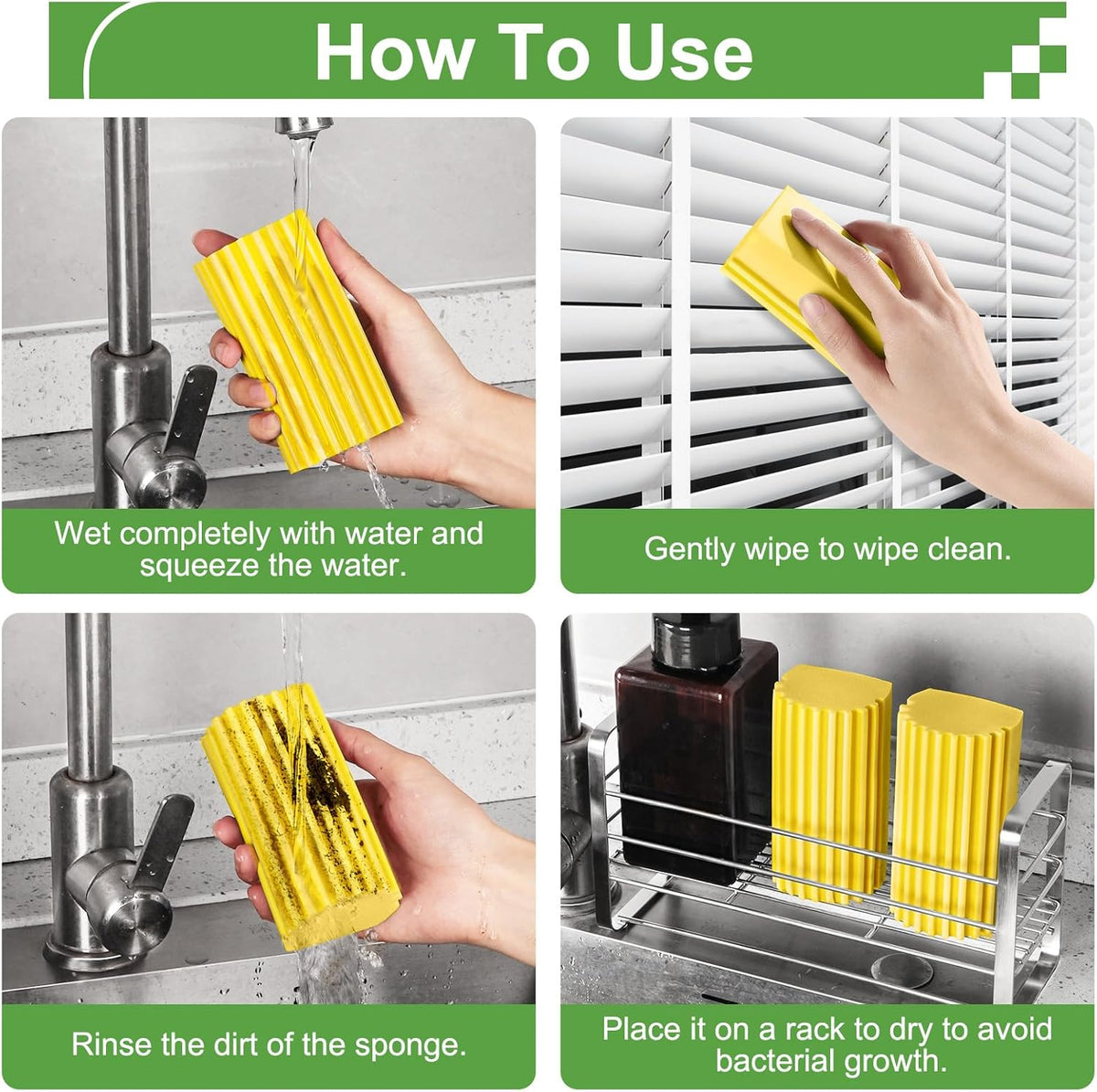 4-Pack Damp Clean Duster Sponge Brush for Cleaning Blinds, Glass, Baseboards, Vents, Railings