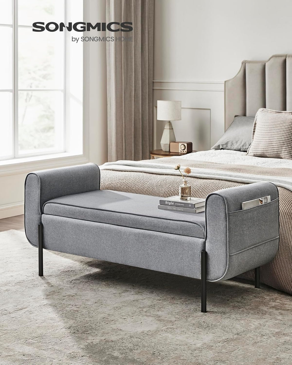 SONGMICS Storage Bench with Armrests, Ottoman for Living Room, Bedroom, Entryway, Steel Legs, Light