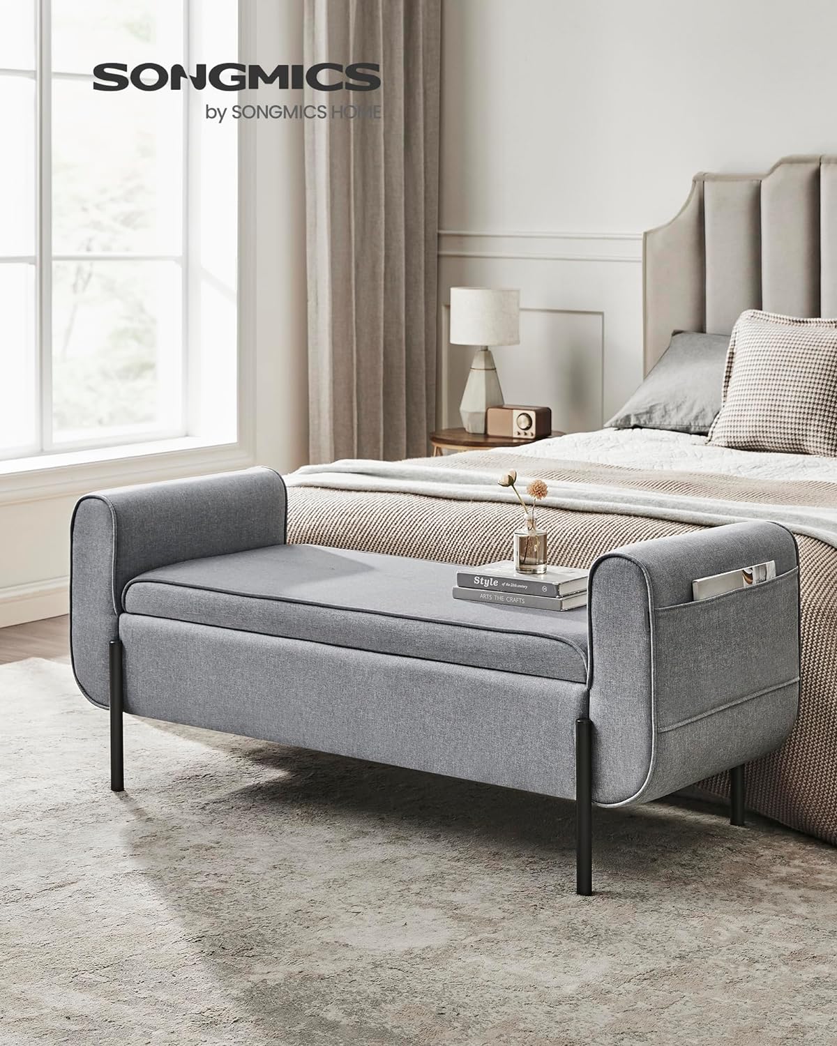 SONGMICS Storage Bench with Armrests, Ottoman for Living Room, Bedroom, Entryway, Steel Legs, Light