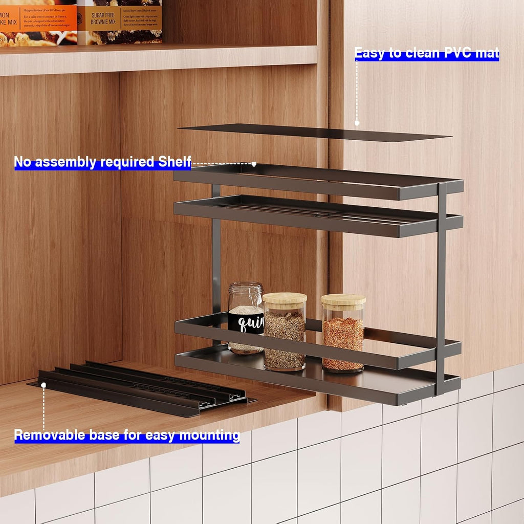 2 Pack Pull Out Spice Rack Organizer for Cabinet, 2 Tier Metal Slide Out Seasoning Organizer and