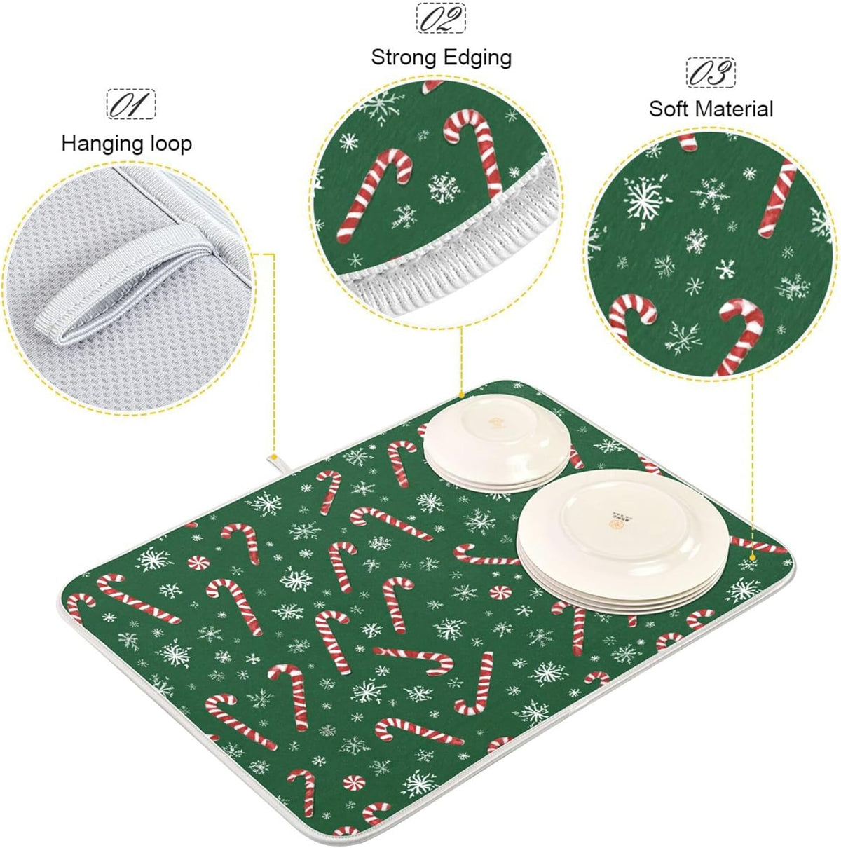 Christmas Candy Cane Dish Drying Mat for Kitchen Countertop 18x24 Winter Snowflake Green Xmas Large