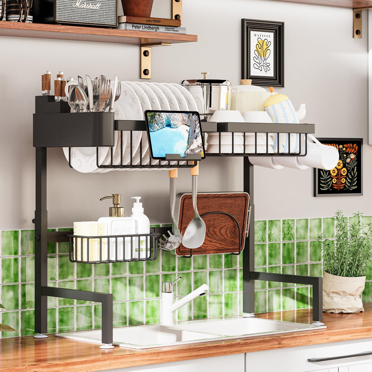 Over The Sink Dish Drying Rack, Expandable Height and Length, 2 Tier Large, Stainless Steel
