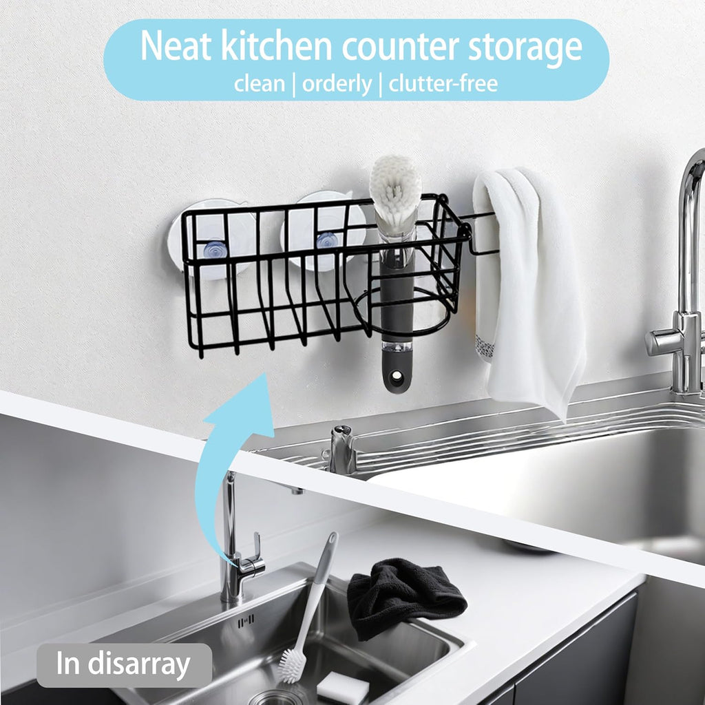 Sponge Holder with Dish Cloth Hanger for Kitchen Sink, In-sink Caddy Organizer with Suction Cups &