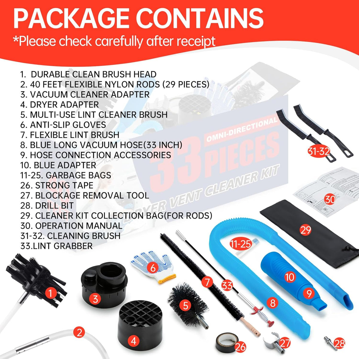 Dryer Vent Cleaner Kit, Bluesea 33-Piece Omnidirectional Dryer Cleaning Kit Include 40 Feet Dryer