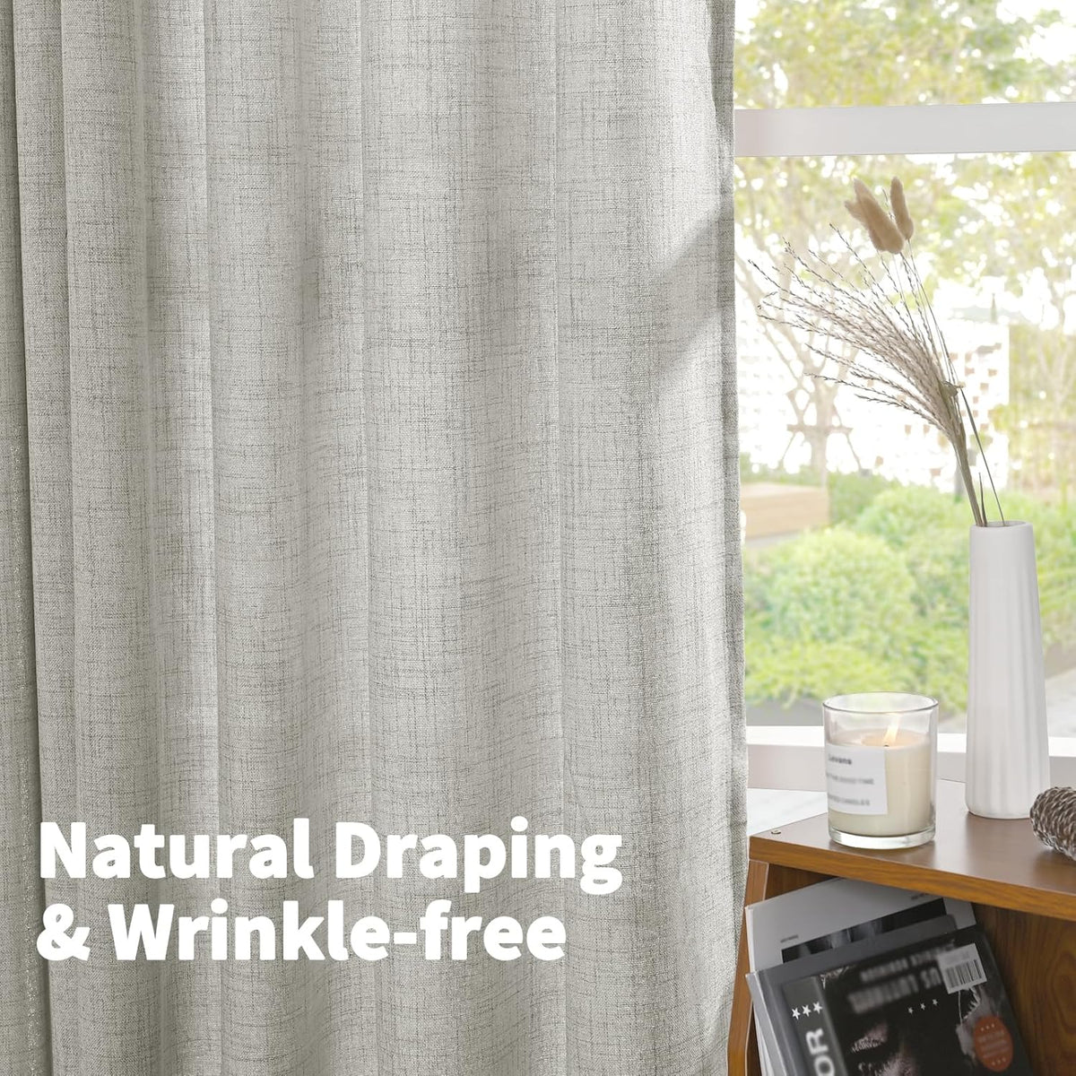 YoungsTex Light Grey Linen Semi Sheer Curtains 84 Inch Length for Living Room 2 Panels Set, Light