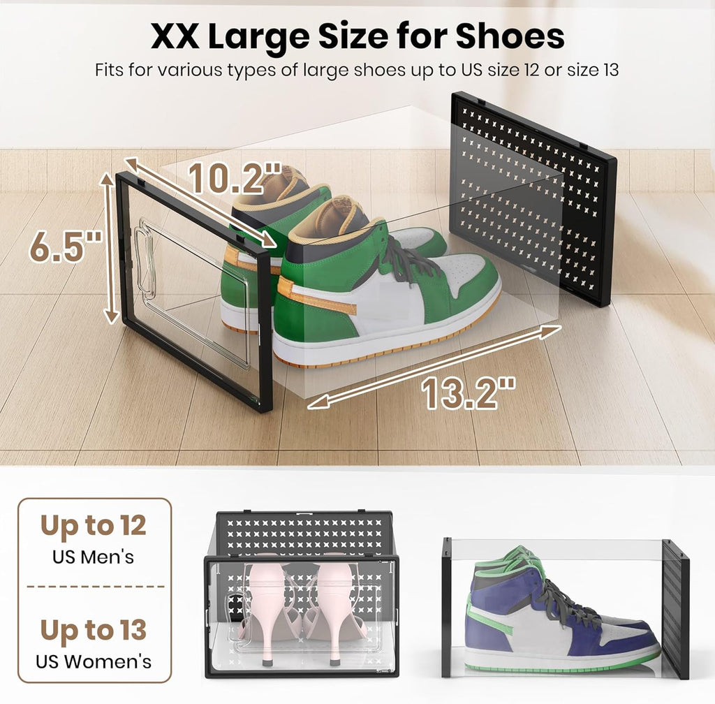 12 Pack XX-Large Modular Clear Plastic Stackable Shoe Storage Organizer for Closet, Space Saving