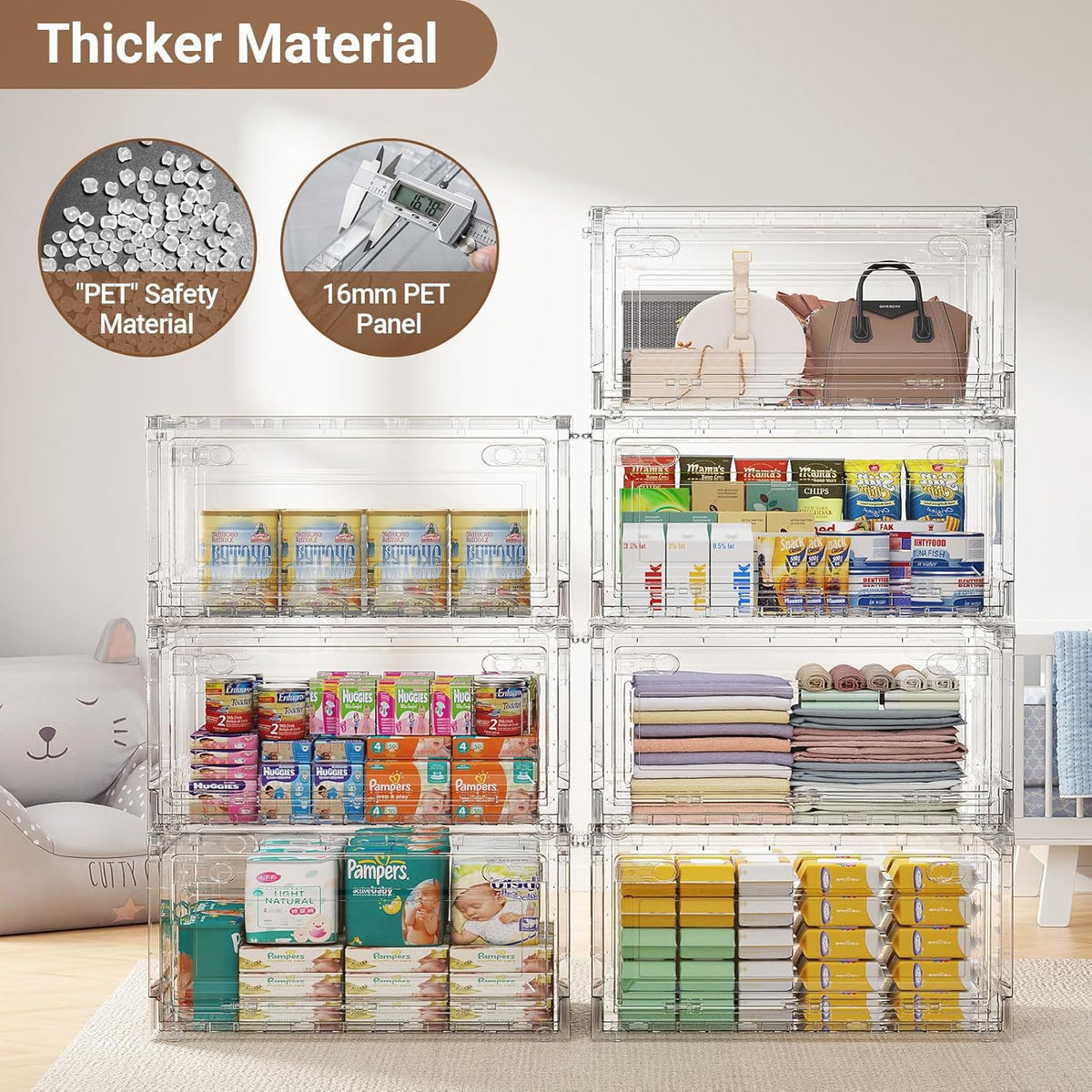 BROVIEW Clear Stackable Storage Bins Drawers, Open Front Large Plastic Storage Bins with Lids