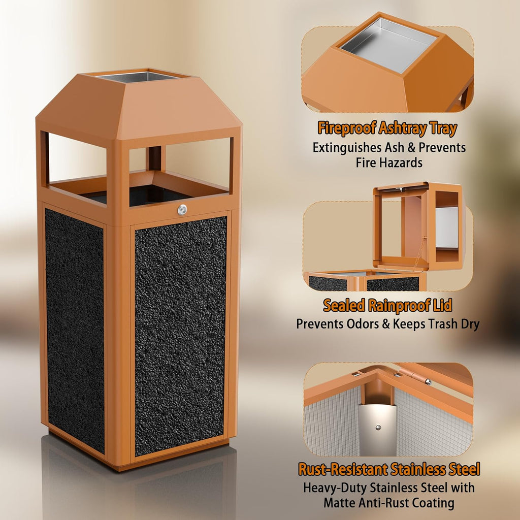 Commercial Metal Outdoor Trash Can with Lid, Lockable Outdoor Garbage Can with Nature Stone Panels