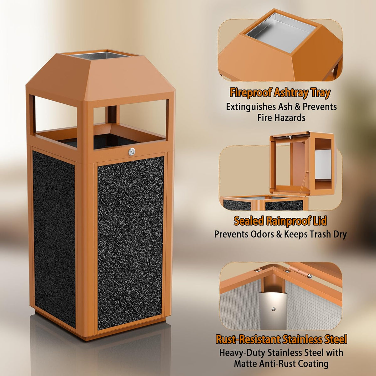 Commercial Metal Outdoor Trash Can with Lid, Lockable Outdoor Garbage Can with Nature Stone Panels