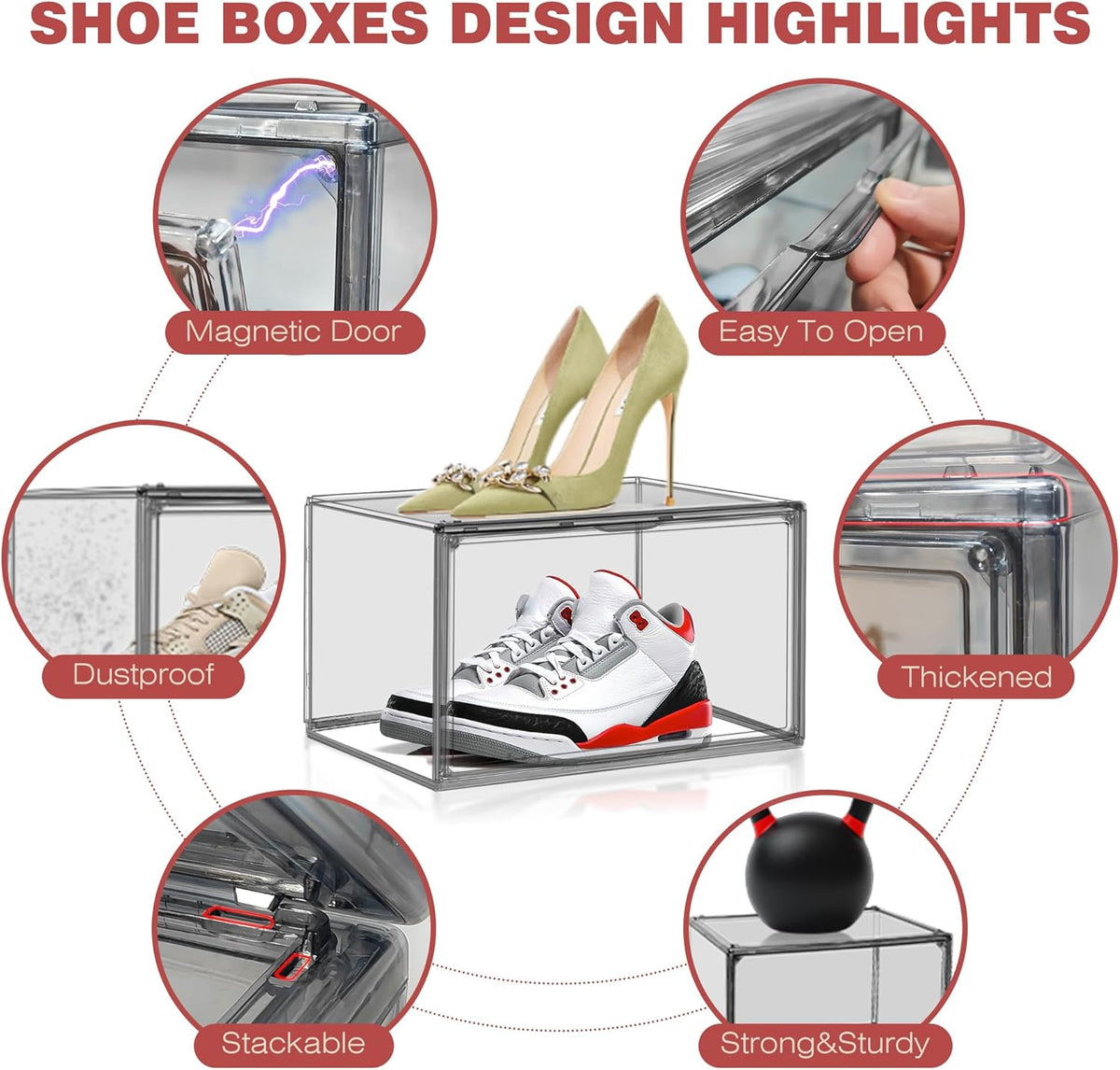4 Pack Grey Shoe Storage Boxes Clear Plastic Stackable Shoe Display Case with Magnetic Door, Easy