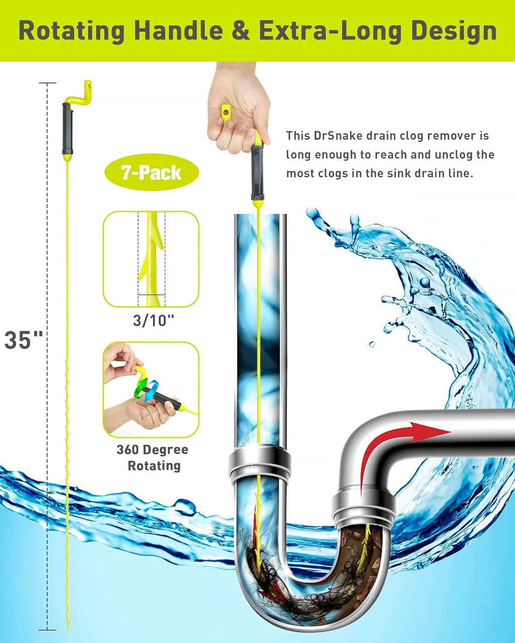 35inch Drain Clog Remover, Drain Cleaner Hair Clog Remover with Rotating Handle and 7 Refills