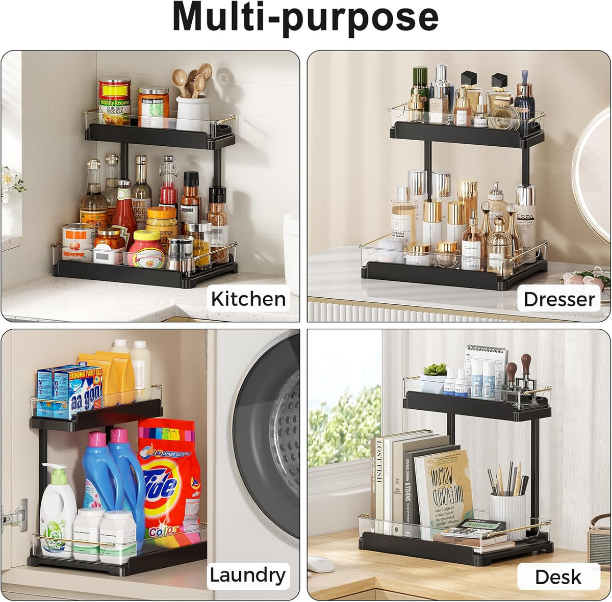 heart & home 2-Pack Under Sink Storage Organizer for Kitchen & Bathroom Cabinets with Removable