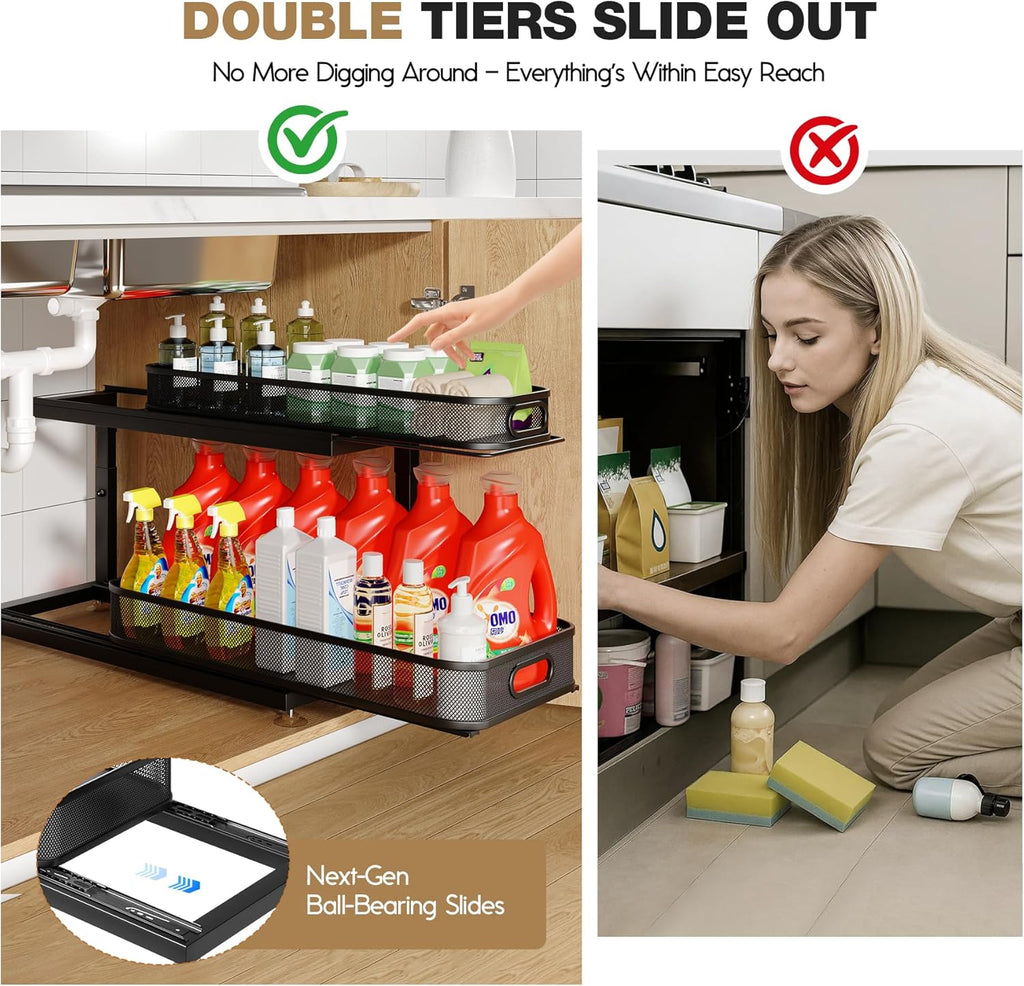 2-Pack 21.3 IN Depth Under Sink Organizer With Next-Gen Ball-Bearing Slides,Sophisticated Mesh