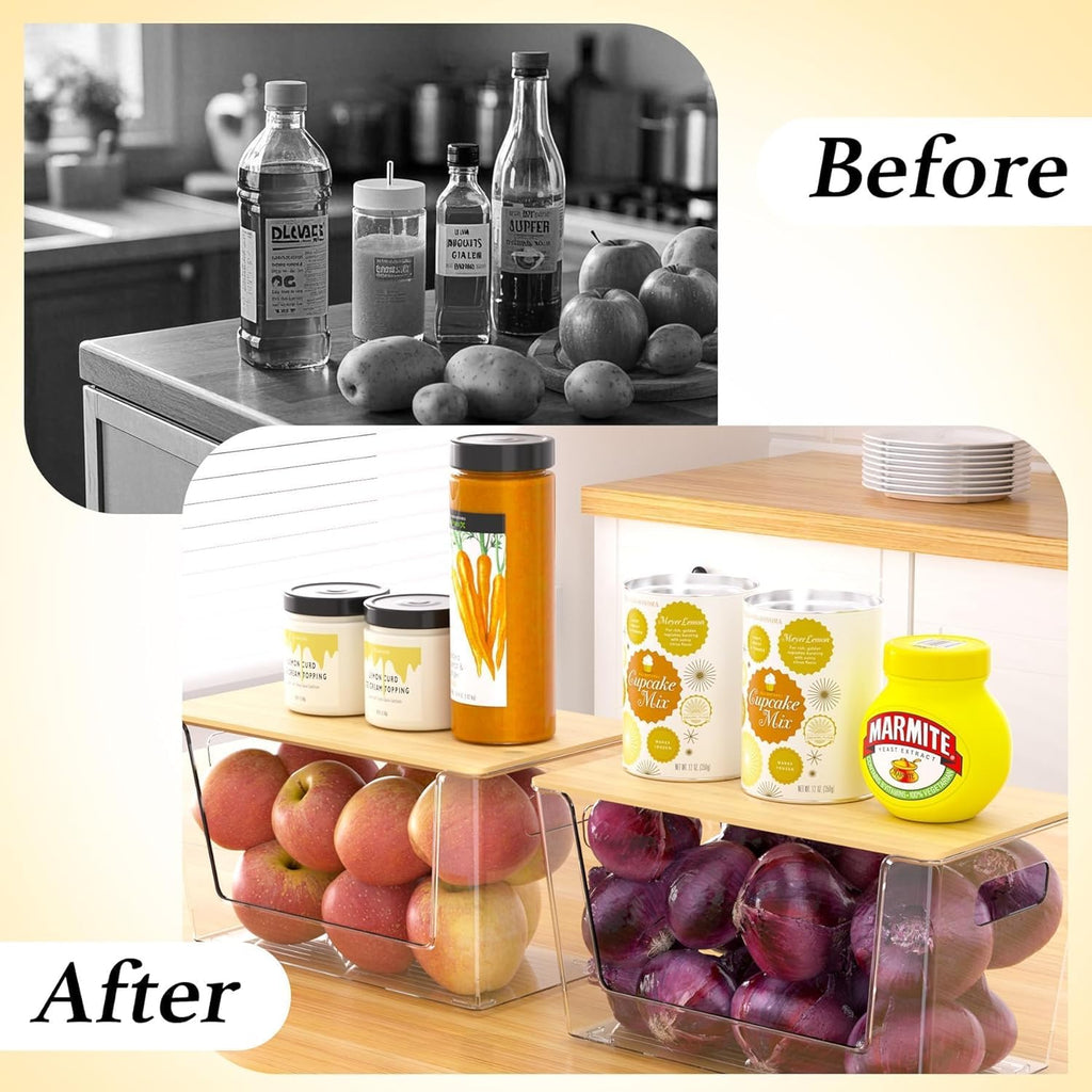 2 Set Pantry Organizers and Storage - Kitchen Organizer with Bamboo Lid for Fruit, Onion, Potato