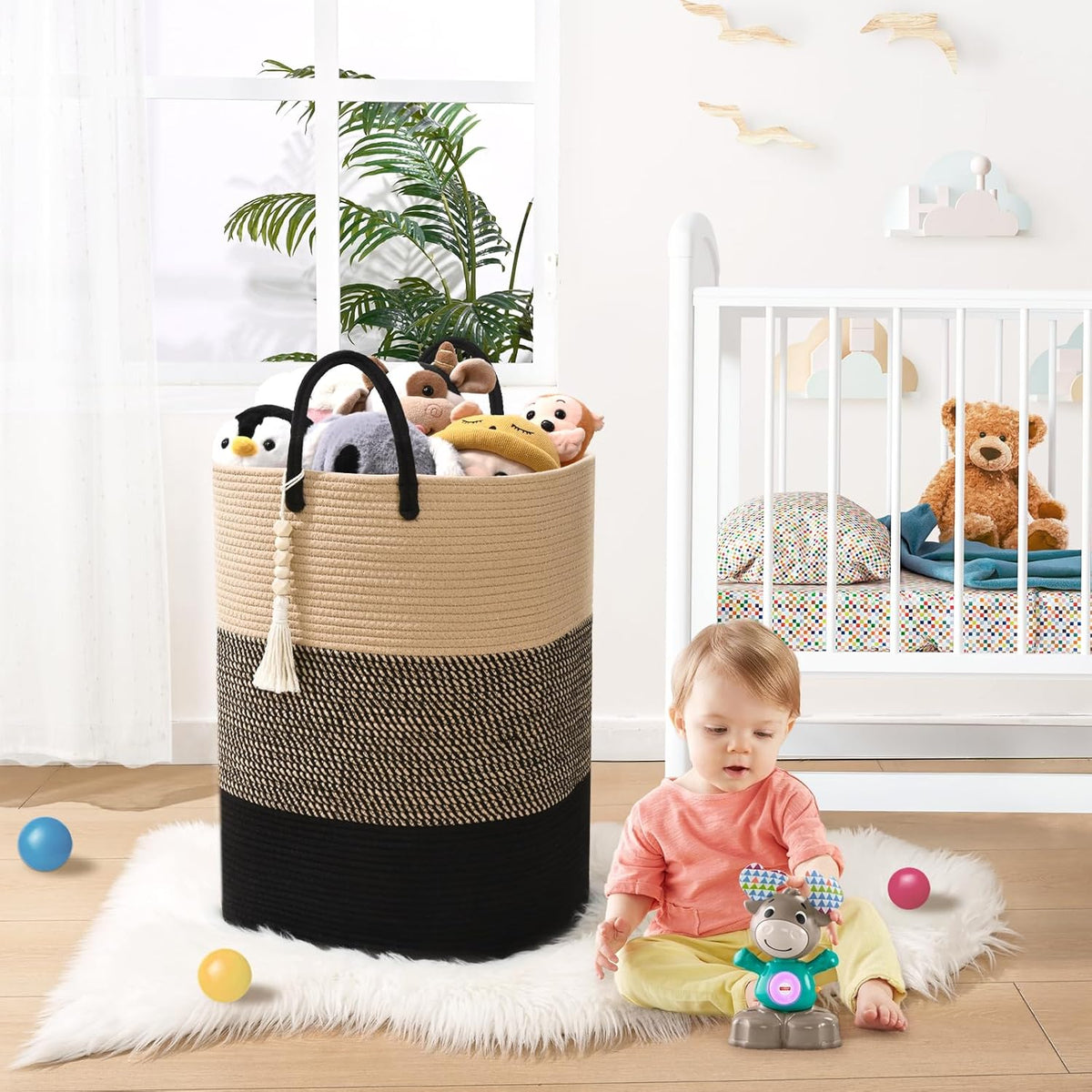 Woven Laundry Basket for Clothes, 80 L Large Rectangle Laundry Hampers with Beads Tassel, Nursery